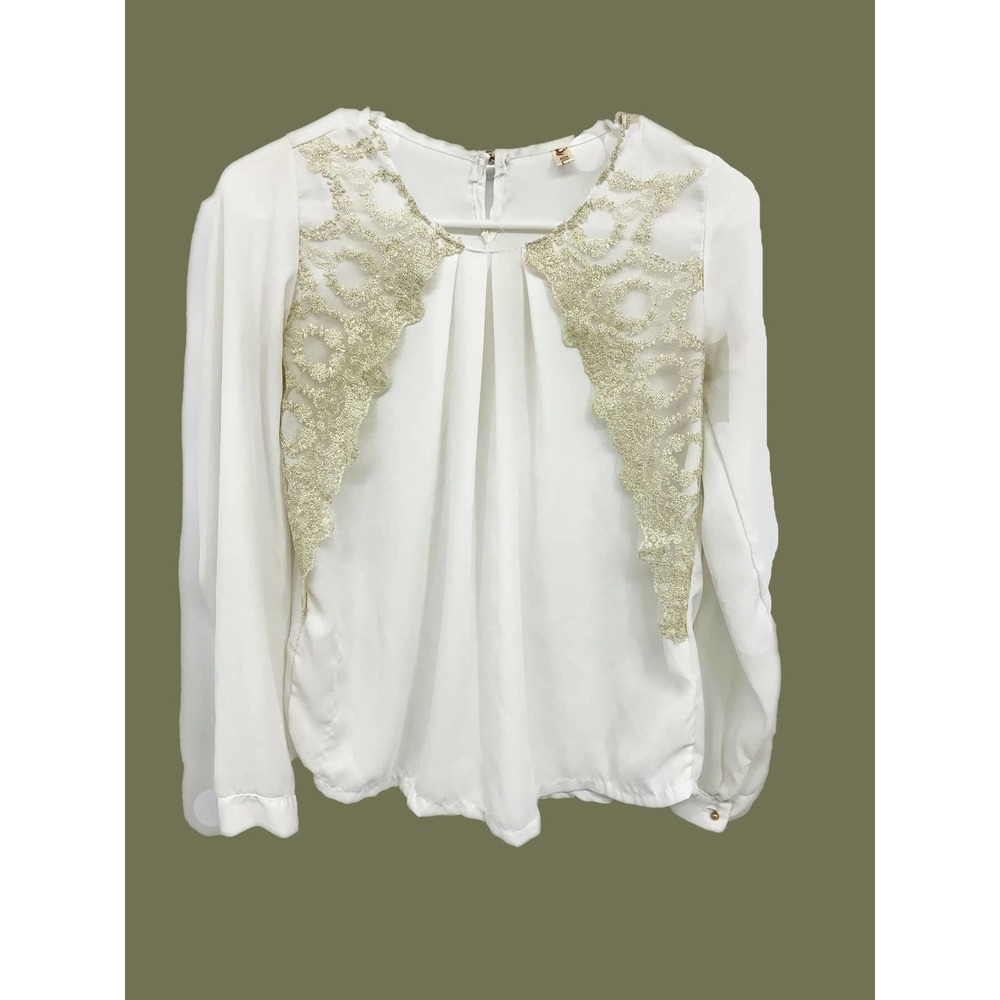 Womens White Long Sleeve Blouse with Embroidery Korean Style